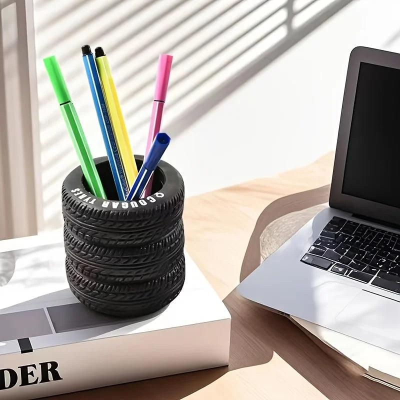 1-Pack Fun Tire-Shaped Pen Holder - Durable Black Pvc Desk Organizer with Letters, Suitable for School and Office, Great Holiday Gift, New Year Present Peaceful Pleasures Health and Wellness