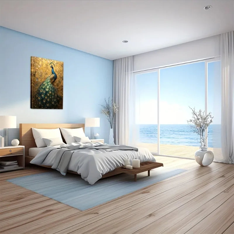 Peacock Vibrant Blue And Green Feathers On Golden Large Wall Art Home Decor Canvas Painting For Bedroom, Living Room, Office Peaceful Pleasures Health and Wellness