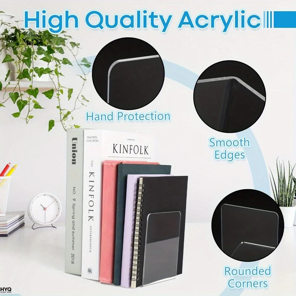 4 Clear Acrylic Bookends Desktop Display Stands Office Home Retail