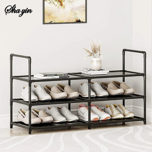 Shoe Rack 3 Tier Long Storage Organizer Wide Metal Shoe Shelf for Closet Entryway Black Dustproof Storage Rack, Dormitory Iron S Peaceful Pleasures Health and Wellness