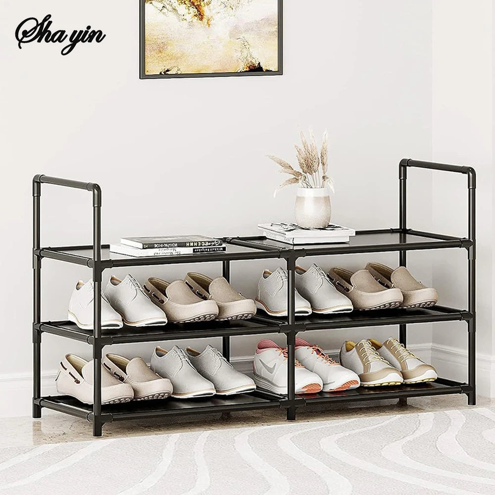 Shoe Rack 3 Tier Long Storage Organizer Wide Metal Shoe Shelf for Closet Entryway Black Dustproof Storage Rack, Dormitory Iron S Peaceful Pleasures Health and Wellness
