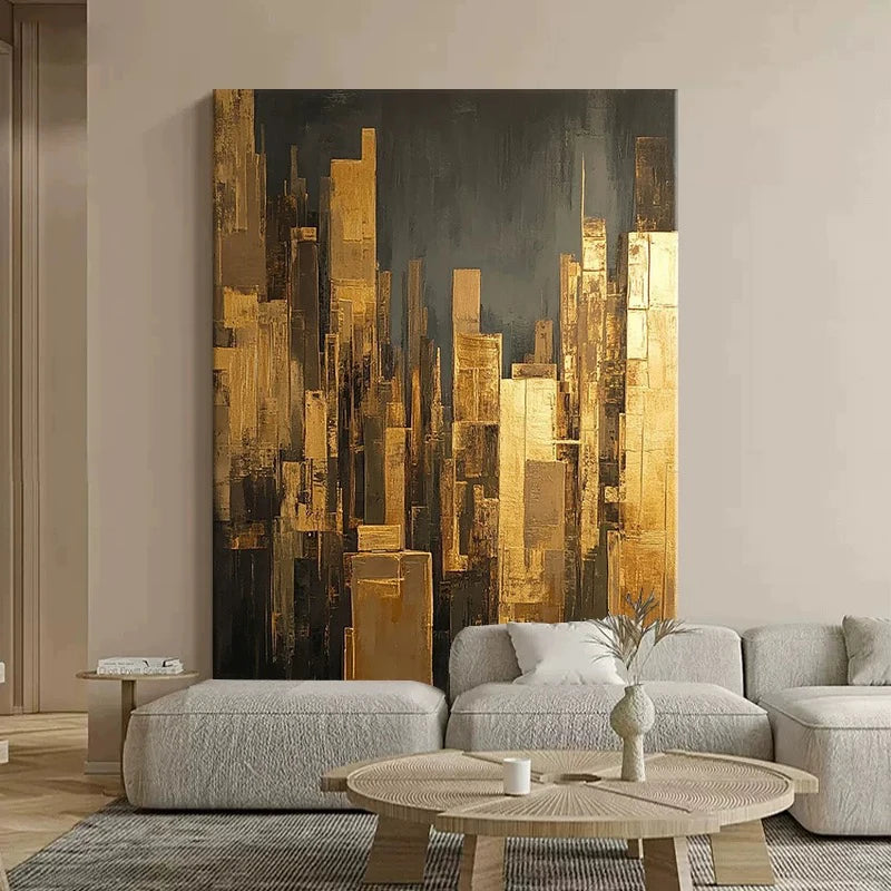 Hand Drawn Oil Painting Abstract Hanging Picture Gold foil Building Wall Art Texture Poster Living Room Porch Hotel Decor Mural Peaceful Pleasures Health and Wellness