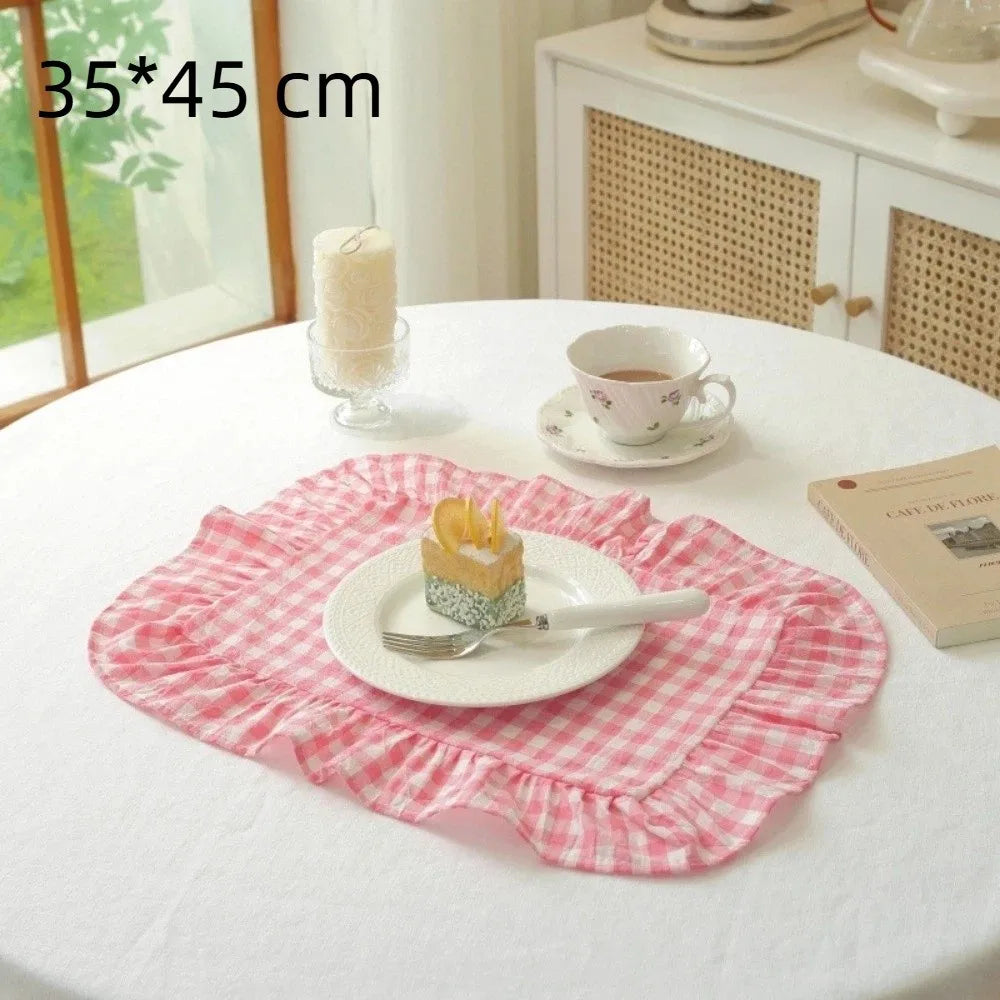 Retro Soft Ruffle Placemats Round Cotton Table Cup Mat Square French Coasters Table Decor Peaceful Pleasures Health and Wellness 35x45 Plaid L