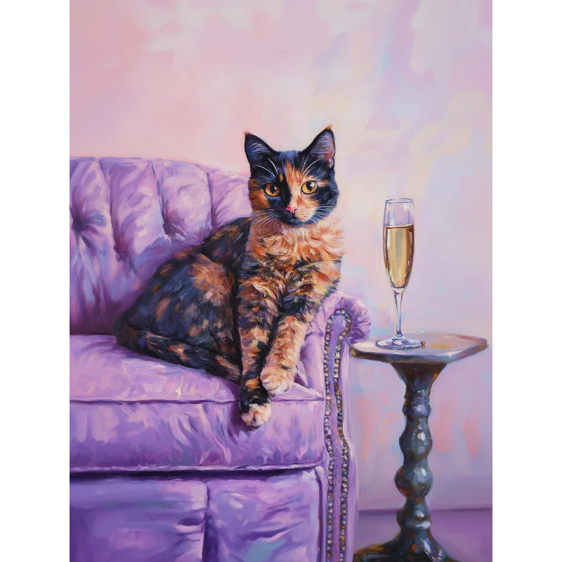 Trendy Cute Quirky Calico Cat with Martini Champagne Cocktail on The Sofa Poster Canvas Painting Wall Art Pictures Home Decor Peaceful Pleasures Health and Wellness 5 20x30cm