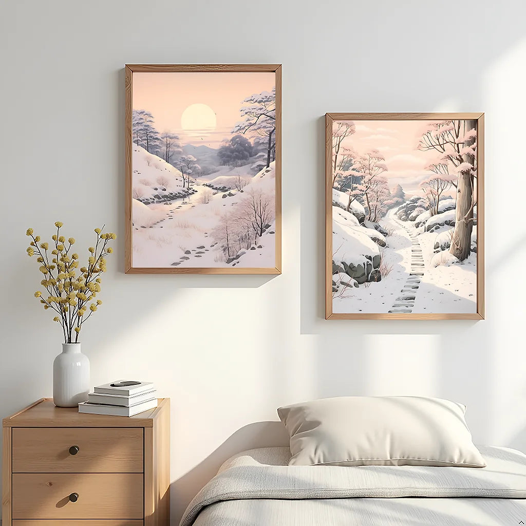 Winter Landscape Wall Art, Snowy Forest Plant Canvas Painting, Nordic Cozy Season Poster Print for Bedroom Living Room Decor Peaceful Pleasures Health and Wellness