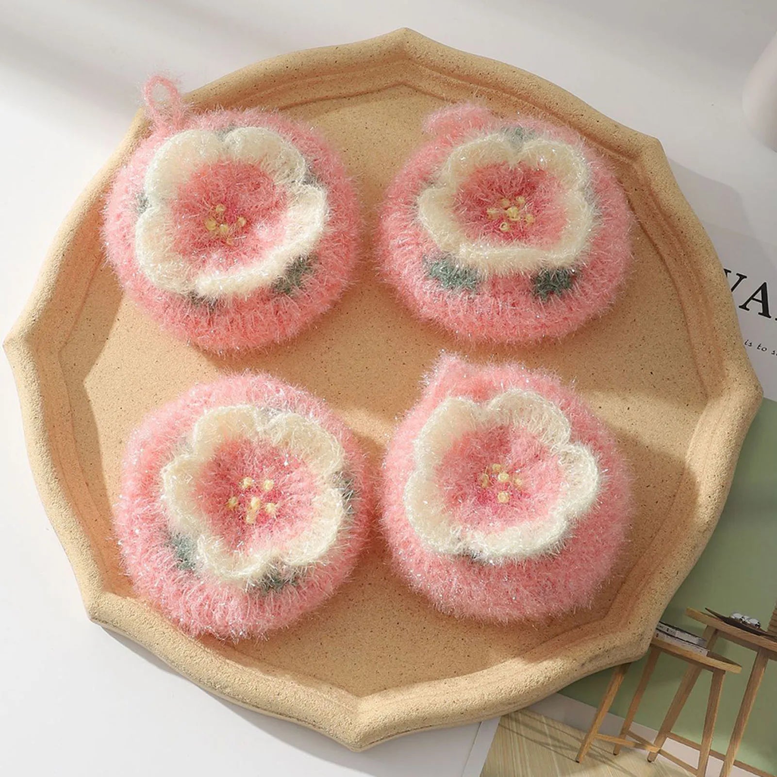 Cherry Blossom Dishcloth Flower-shaped Dish Towels Kitchen Cleaning Tools Hand-crocheted Dishcloth Reusable Acrylic Dish Cloths Peaceful Pleasures Health and Wellness