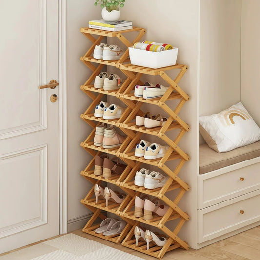 Bamboo Folding Shoe Rack | 4/8/9 Tier Vertical Shoe Organizer Folding Shoe Rack Peaceful Pleasures Health and Wellness