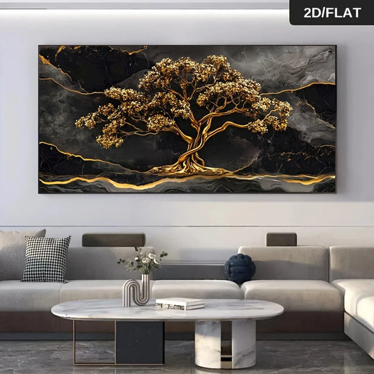Frameless Modern Abstract Golden Tree Marble Canvas Wall Art - Large Size Golden & Black Painting Luxury Home Accent 2D Flat Peaceful Pleasures Health and Wellness ZLH7176 80x160cm No Frame