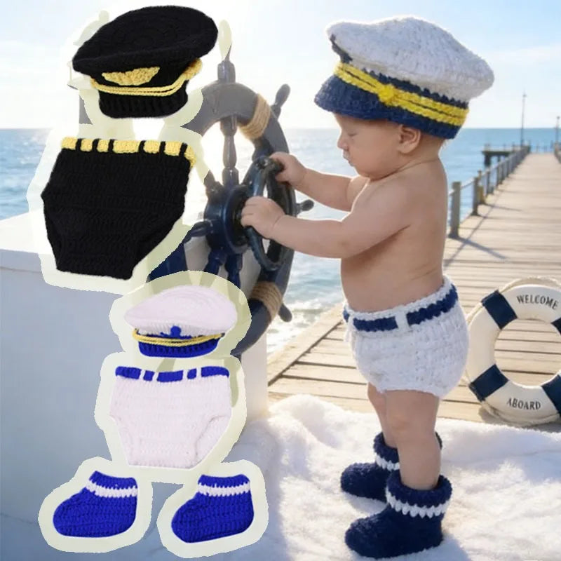 Nautical Police Crochet Costume Set 2/3Pcs - Handmade Sailor Style Newborn Baby Boy Photo Outfit with Hat & Booties (0-3 Months) Peaceful Pleasures Health and Wellness