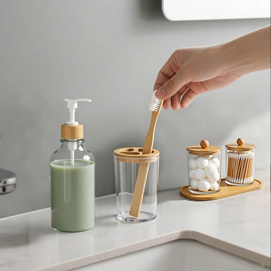 5-Piece Bamboo Bathroom Accessories Set with Tray – Soap Dispenser, Toothbrush Holder & Q-tip Jars