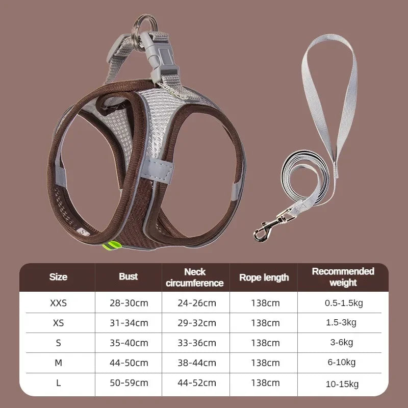 Puppy Harness Set Dog Accessories Adjustable Pet Vest Dogs French Bulldog Chihuahua Small Dog Collar Supplies Products Home Peaceful Pleasures Health and Wellness Coffee XXS 0.5-1.5 Kg