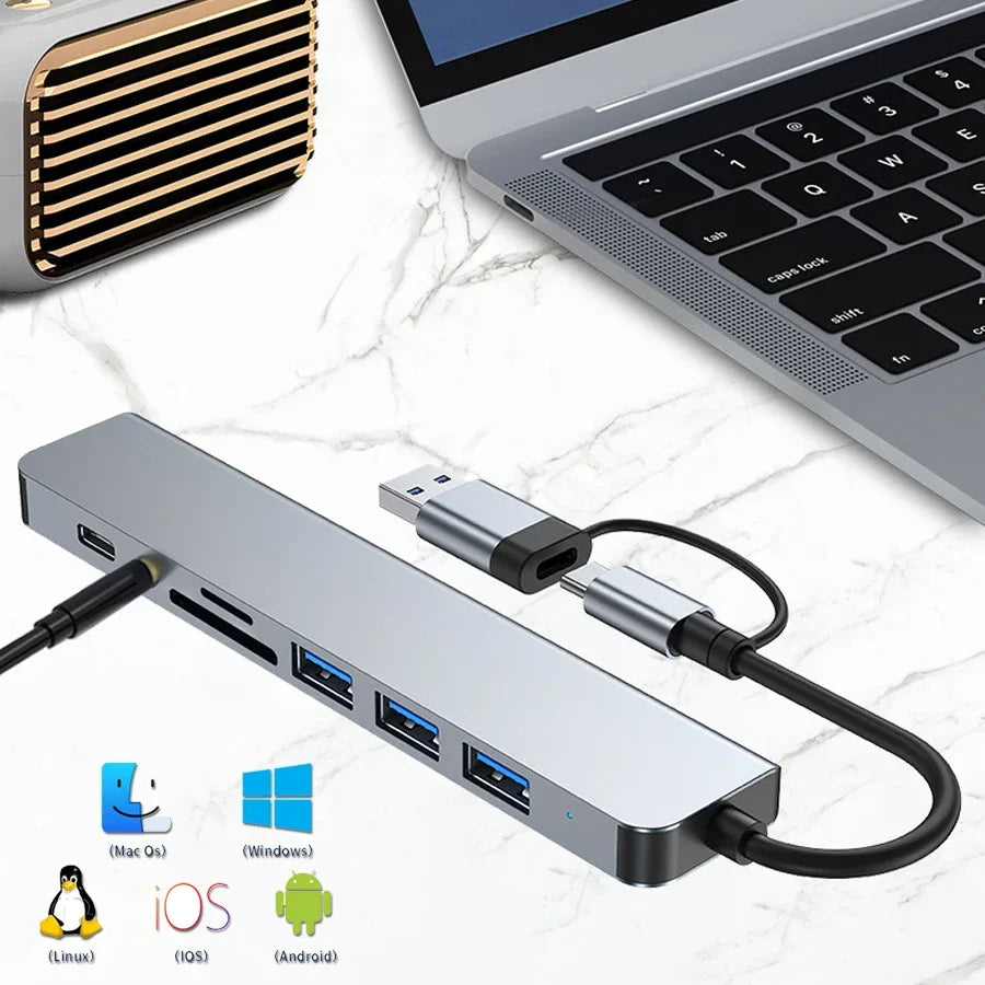 GGBEE 8-in-2 USB-C Hub – 4 USB Ports & SD Card Reader