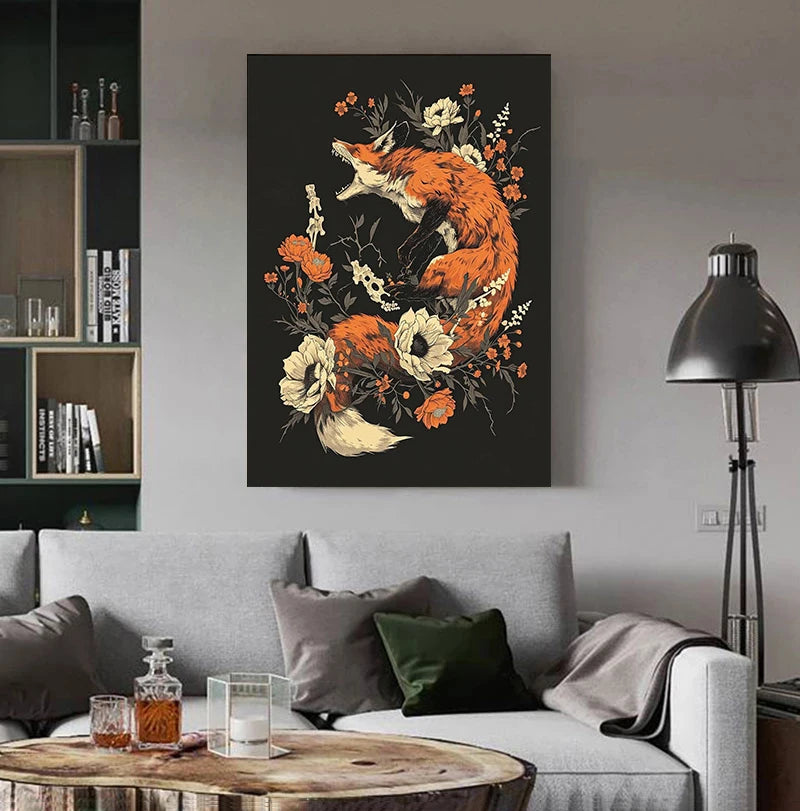 Horrible Floral Skeleton Animal Poster Gothic Bat Owl Rabbit Fox Canvas Painting Occult Wall Art Dark Academia Room Home Decor Peaceful Pleasures Health and Wellness