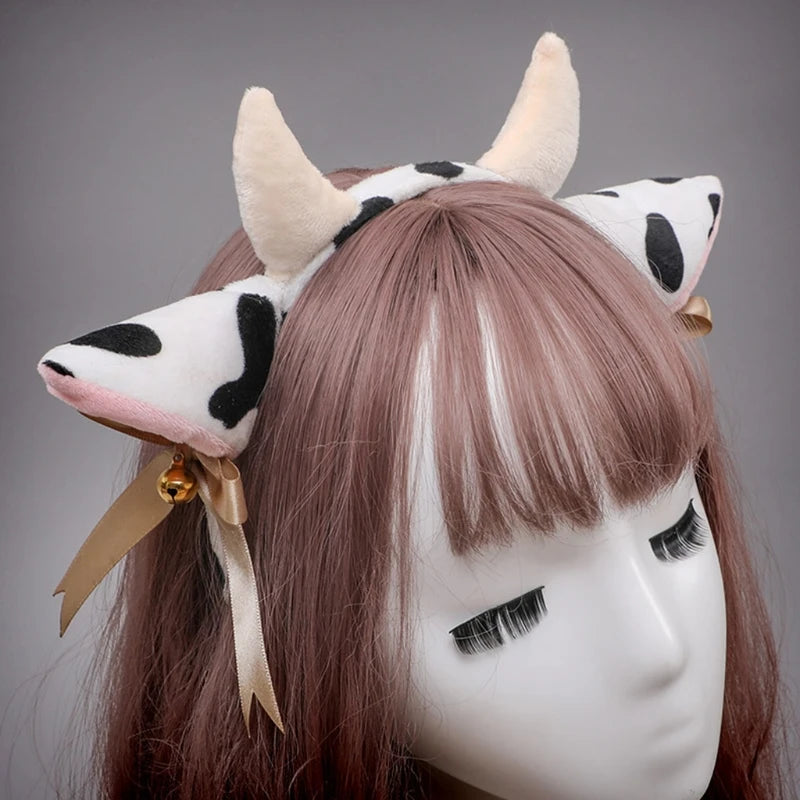 Cartoon Plush Cow Ears Horn Headband Small Bells Ribbon Bow Anime