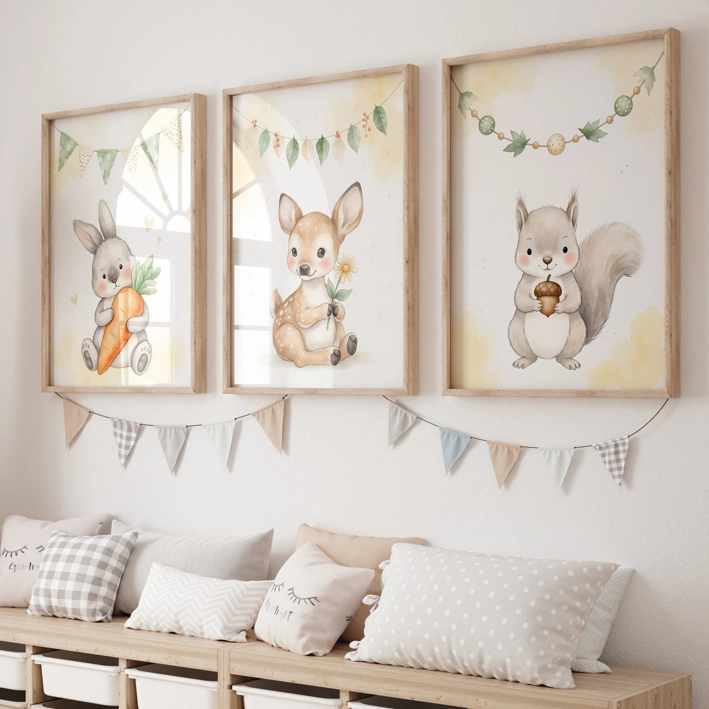 3-Piece Cartoon Rabbit Deer Squirrel Canvas Wall Art Poster