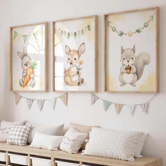 3-Piece Cartoon Rabbit Deer Squirrel Canvas Wall Art Poster Canvas Wall Art Set Peaceful Pleasures Health and Wellness GP112-3pcs 60x80cm Unframed