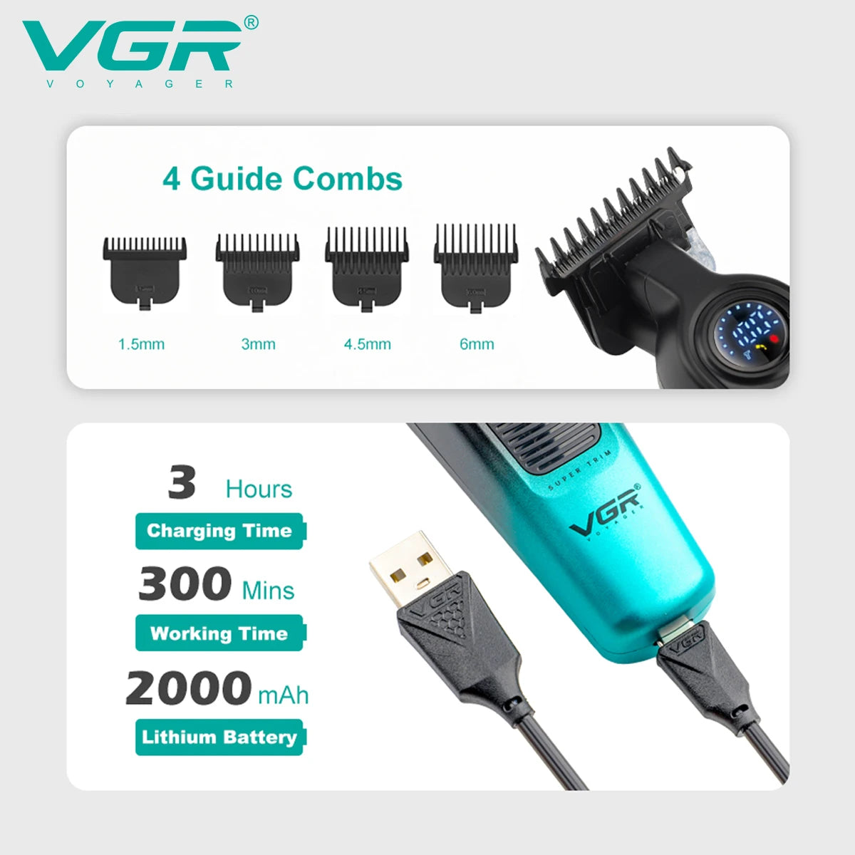 VGR NEW Men's Electric Hair Clipper Gradient Metal Body Hair Trimmer LED Intelligent Digital Display Home Carving Pusher V-996 Peaceful Pleasures Health and Wellness