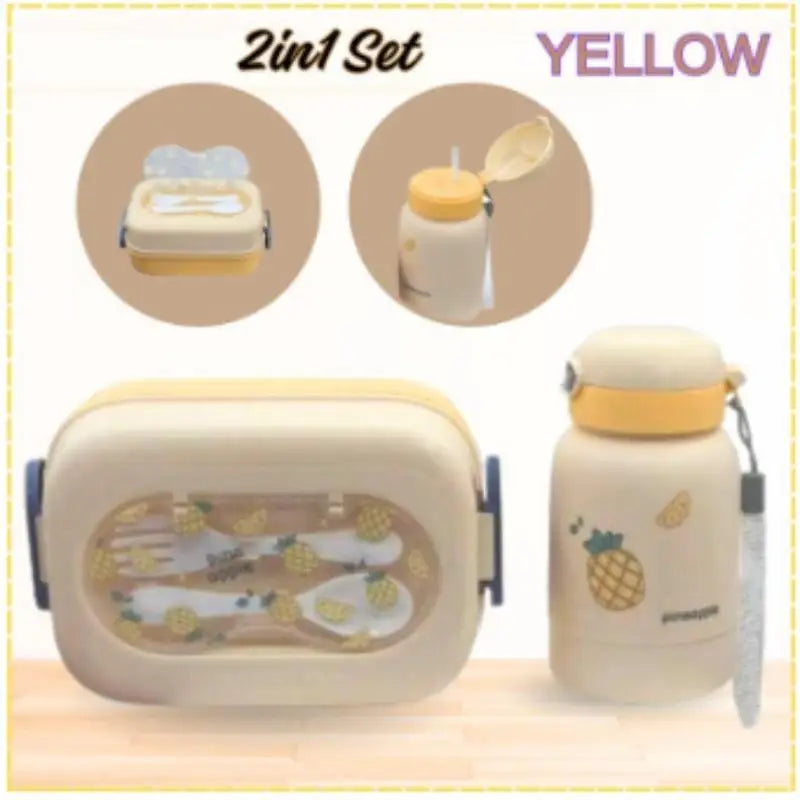 Kids Bento Lunch Box & Water Bottle Set | Fruit Design 2-in-1