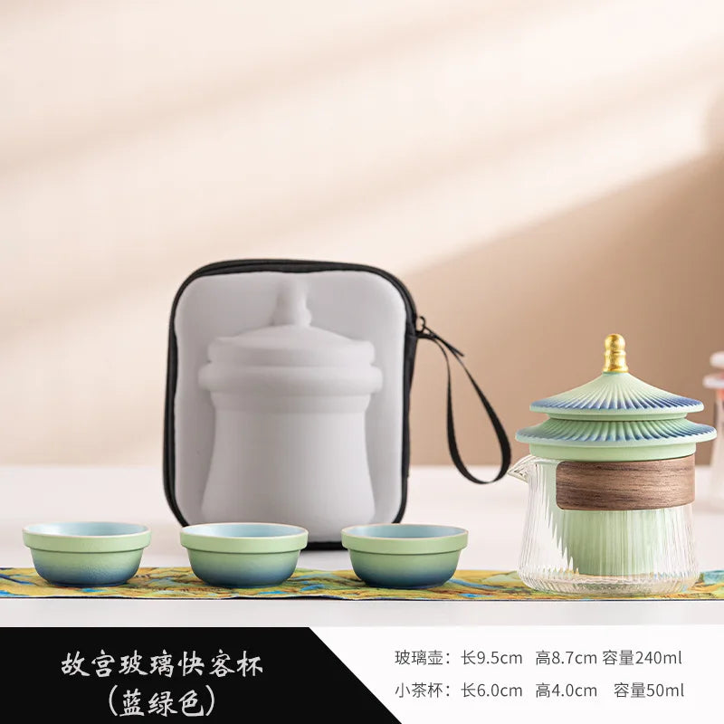 Palace Museum Ceramic Travel Tea Set | Chinese Style Ceramic Tea Set Peaceful Pleasures Health and Wellness glass green Five-piece Set
