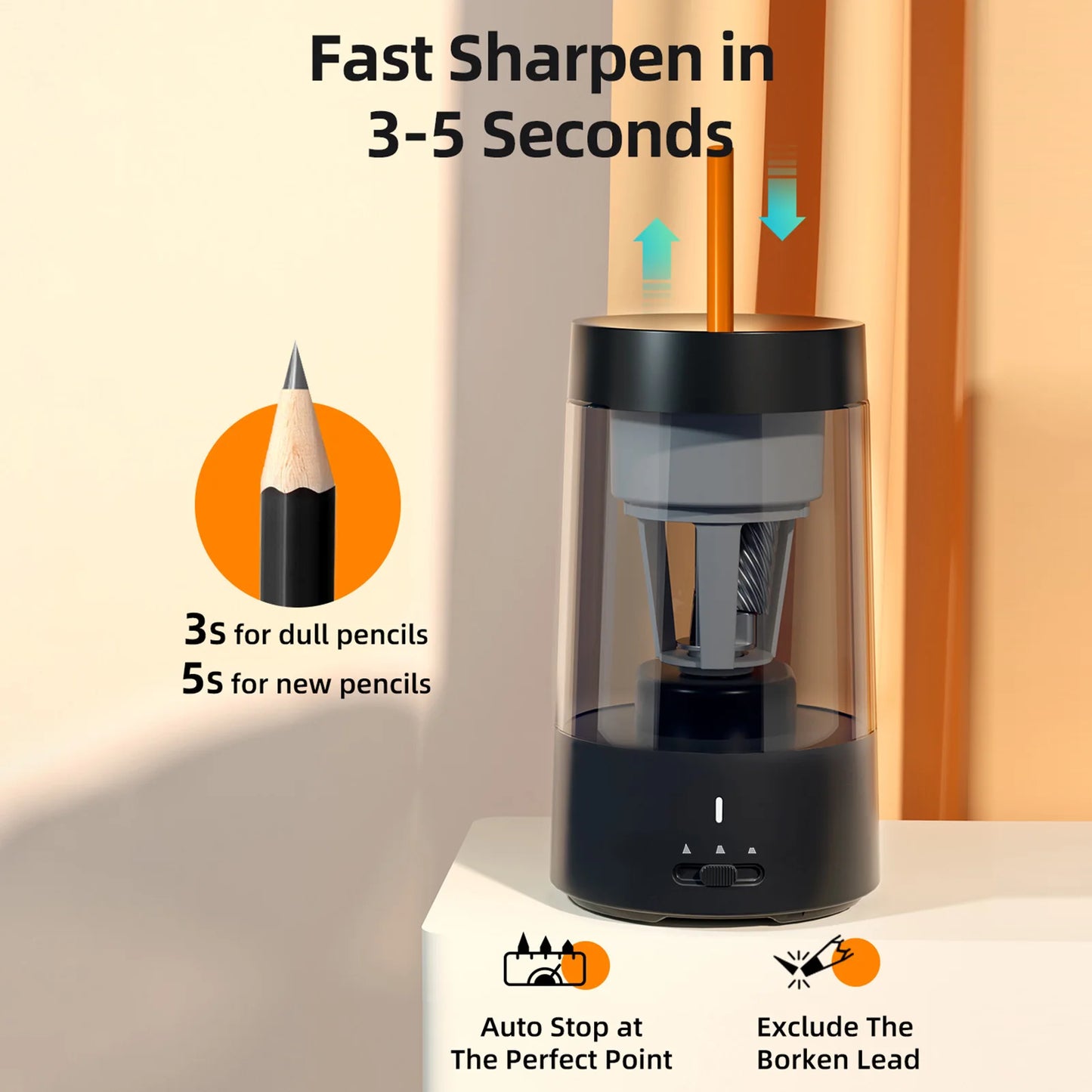 Automatic Electric Pencil Sharpener Portable Battery Powered 6