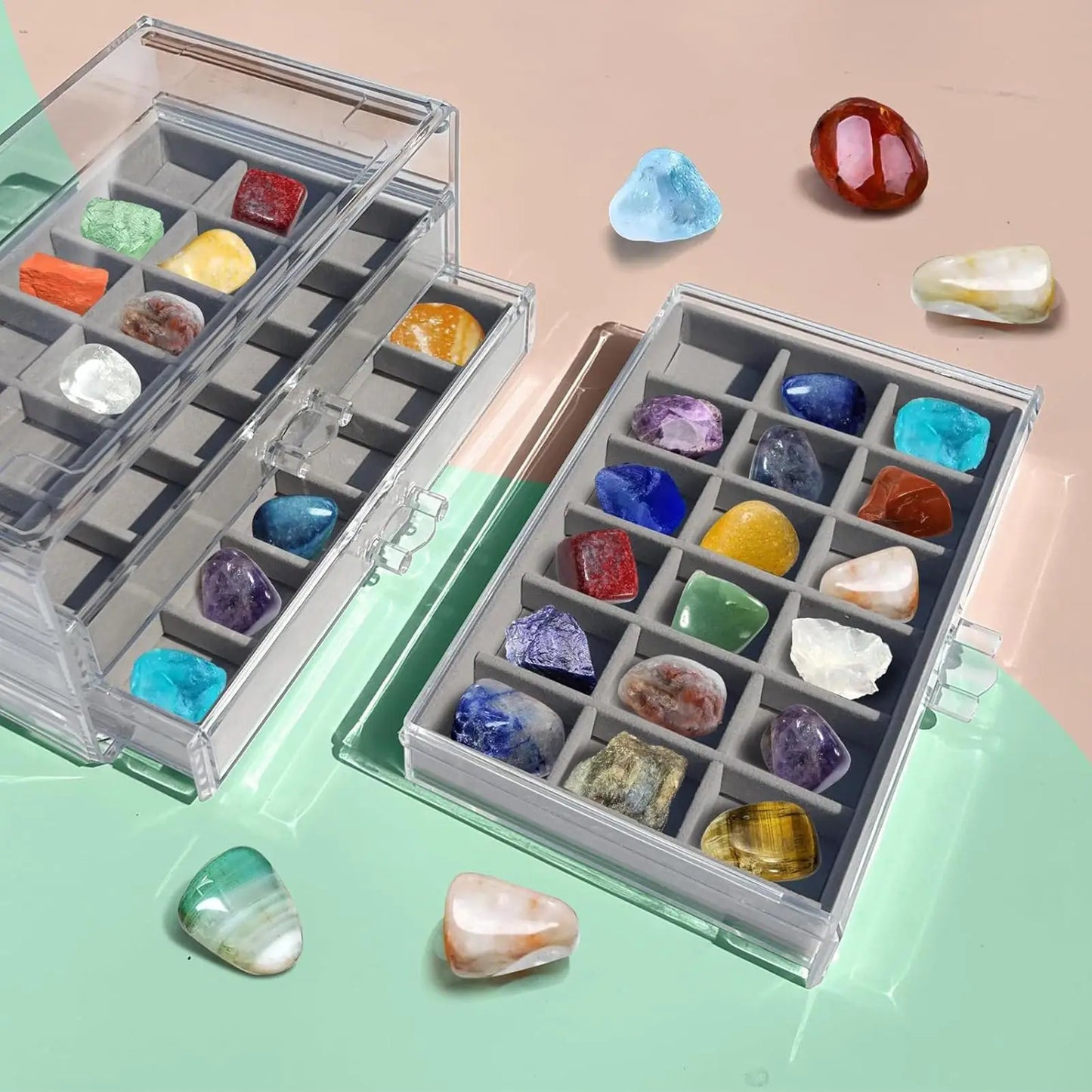 54 Grids Rock Display Case Crystal Gemstone Collection Shelf with Clear Lid Acrylic Organizer for Fossils Minerals Specimens Peaceful Pleasures Health and Wellness