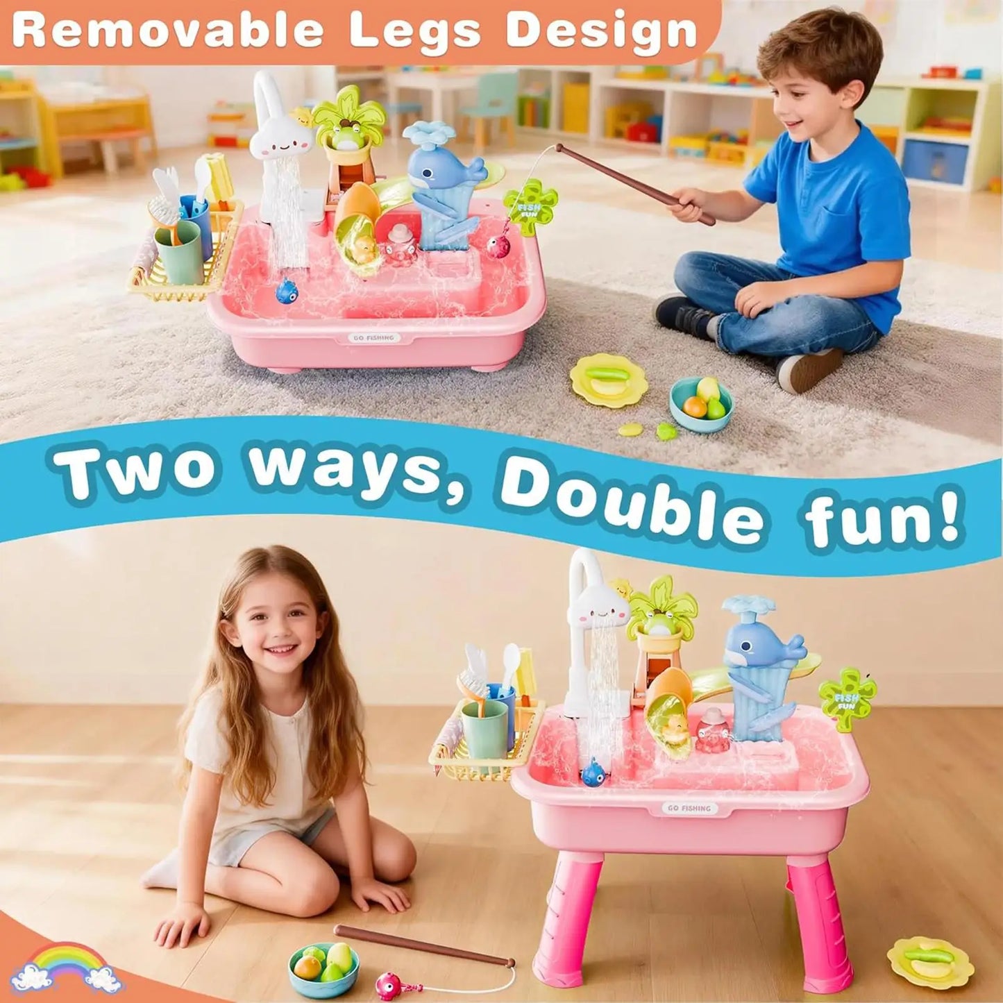 Kids Water Play Table with Fishing Game & Kitchen Set