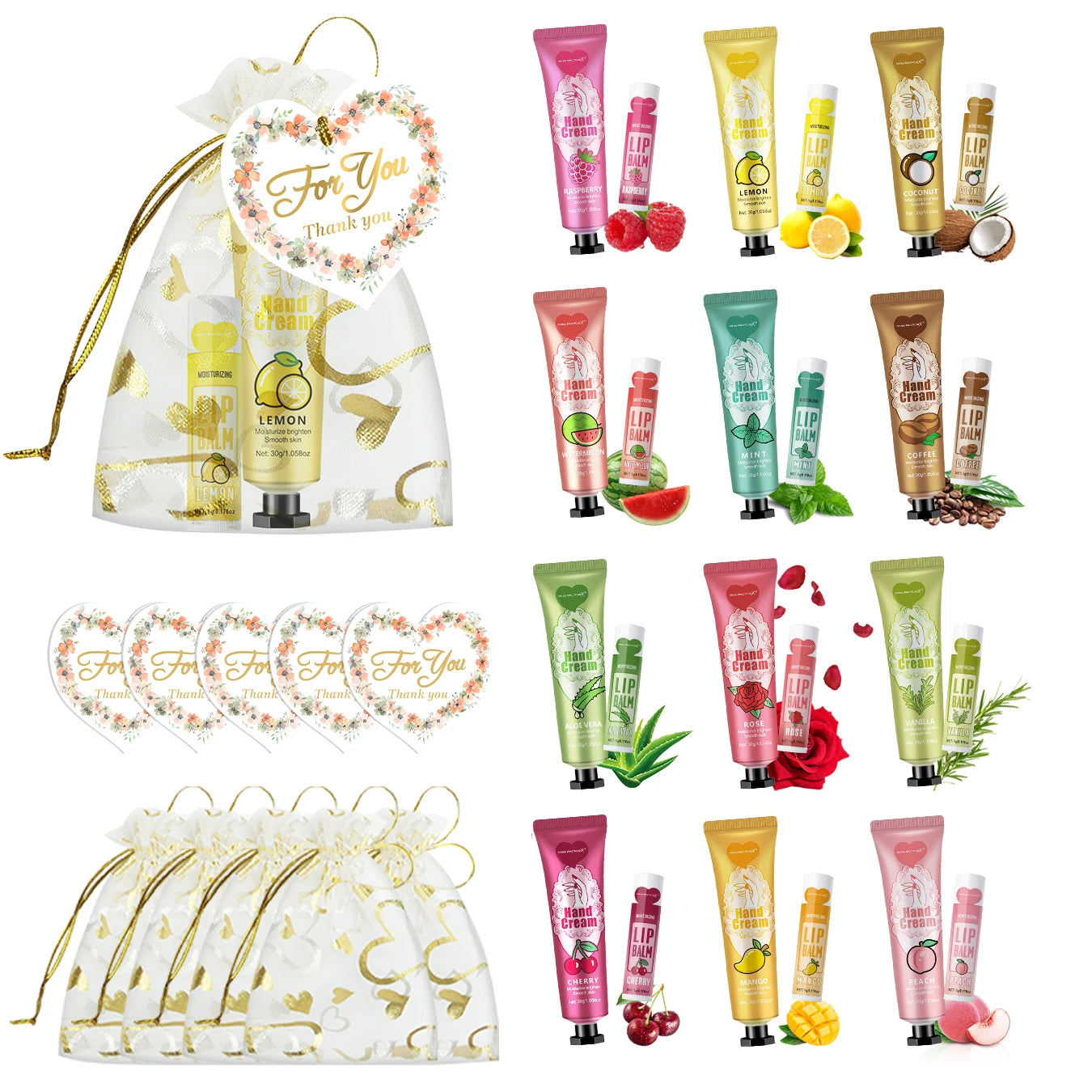 12 Hand gift Hand cream and lip balm set Friends Party Gift with love net bag and thank you card Holiday gift Peaceful Pleasures Health and Wellness