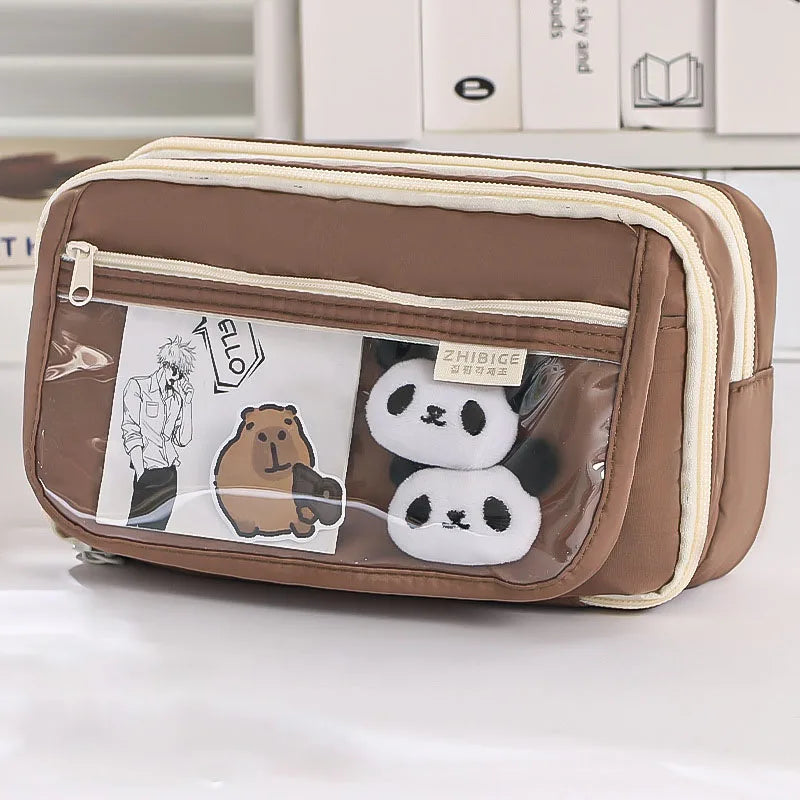 Pink Pencil Case Large Capacity 3 Compartments School Pencils Bag Zipper Pen Pouch Back To School For Girls Stationery Supplies Peaceful Pleasures Health and Wellness Brown