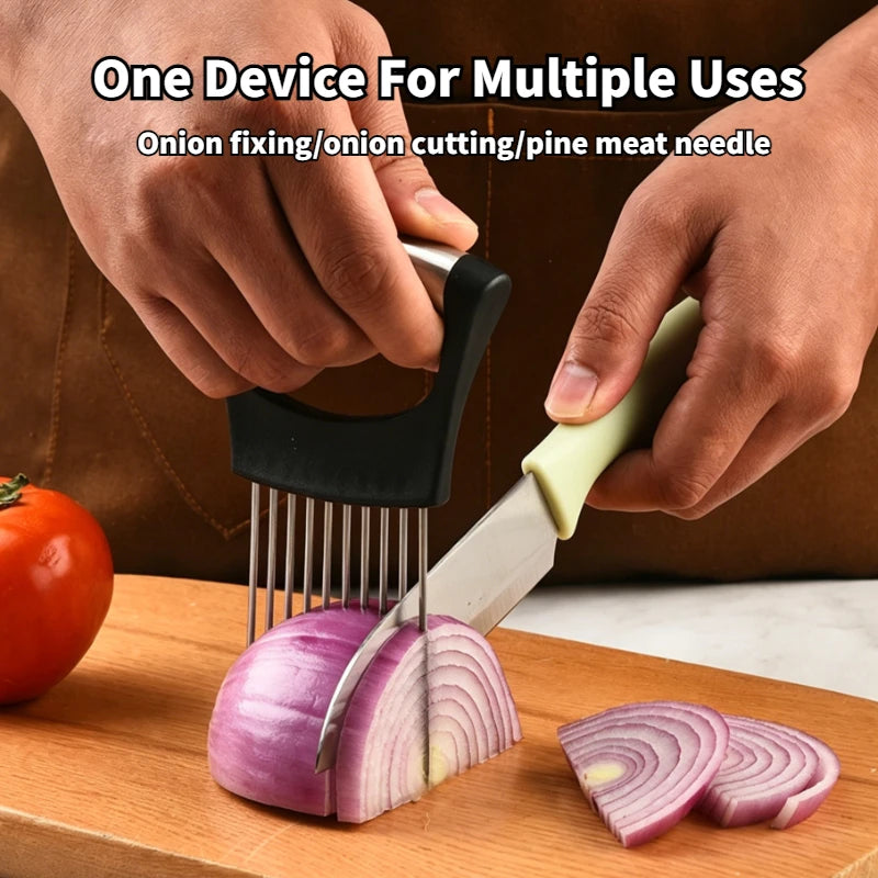Stainless Steel Onion Cutter Holder Food Slicers Assistant Tomato Onion Slicer Holder Vegetables Cutting Fork Kitchen Gadgets Peaceful Pleasures Health and Wellness