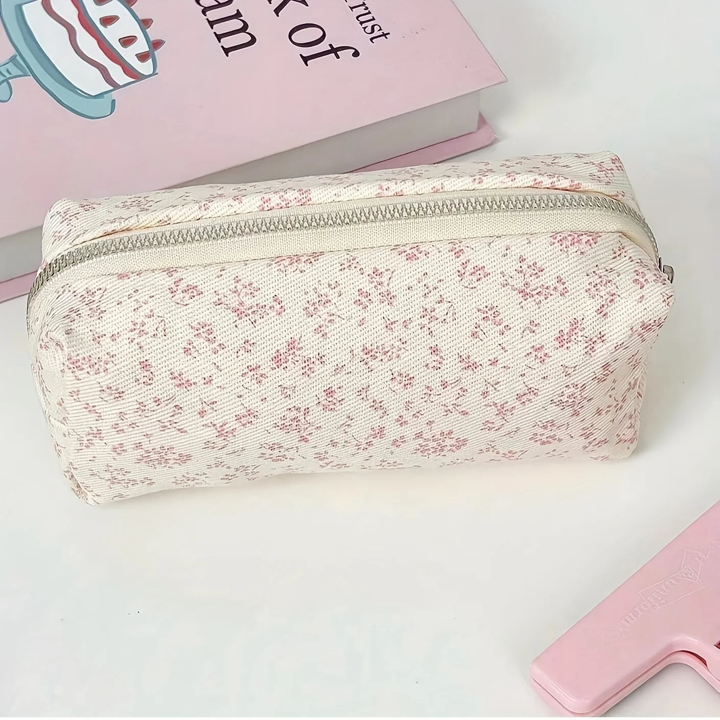 Large Floral Pencil Case | Macaron Linen-Look Stationery Bag