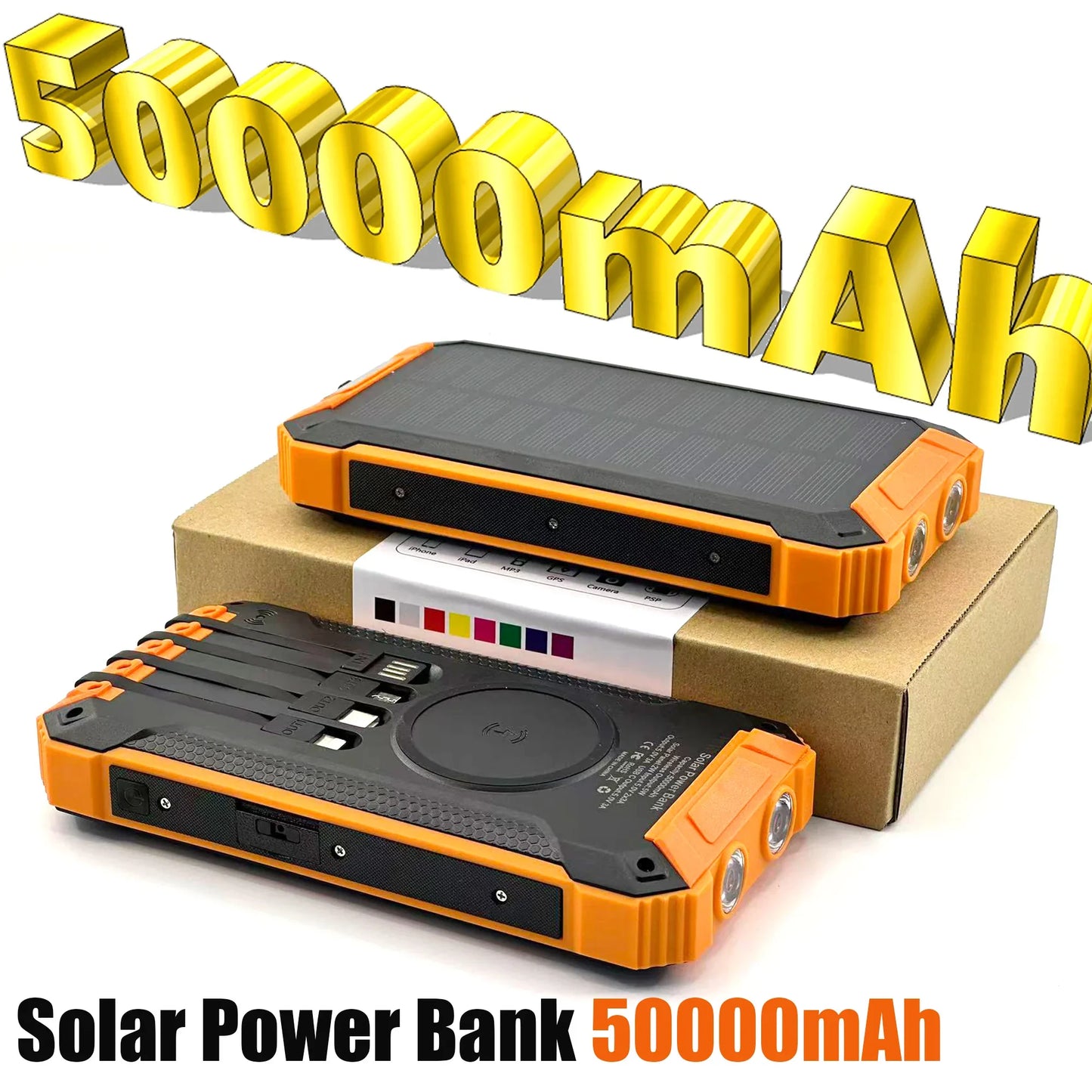 50000mAh Solar Power Bank – Wireless Charging & 4 Built-In Cables