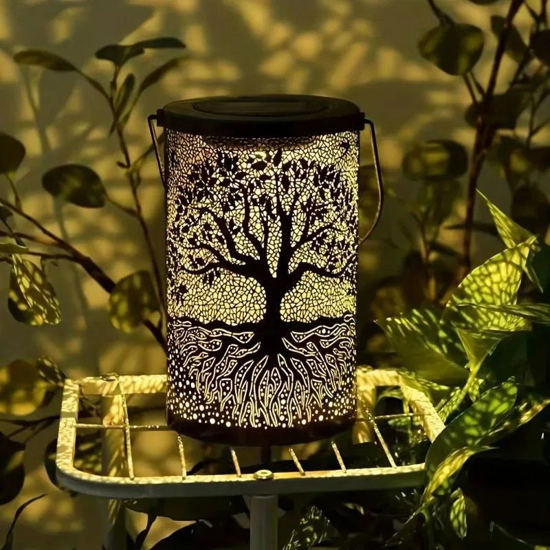 Hanging Solar Lantern Outdoor – Vintage Metal LED Tree Projection