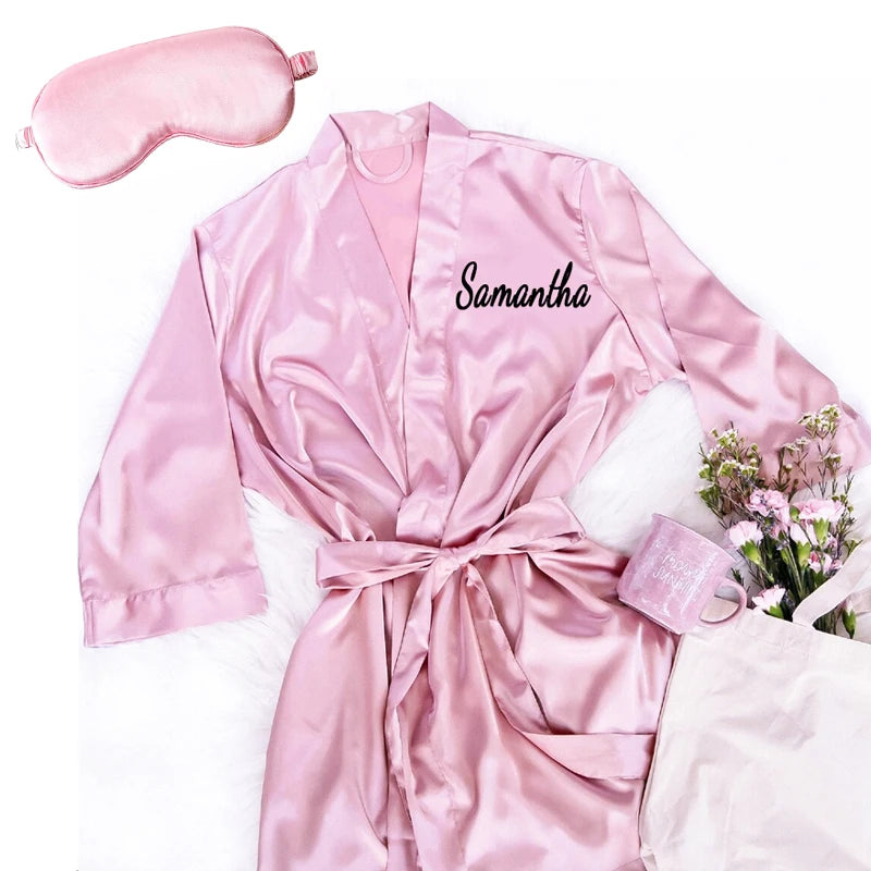 Personalized Name Bridesmaid Bathrobe & Eye Mask Set Elegant Soft Satin Robe Wedding Bachelorette Party Bridal Shower Decoration Peaceful Pleasures Health and Wellness