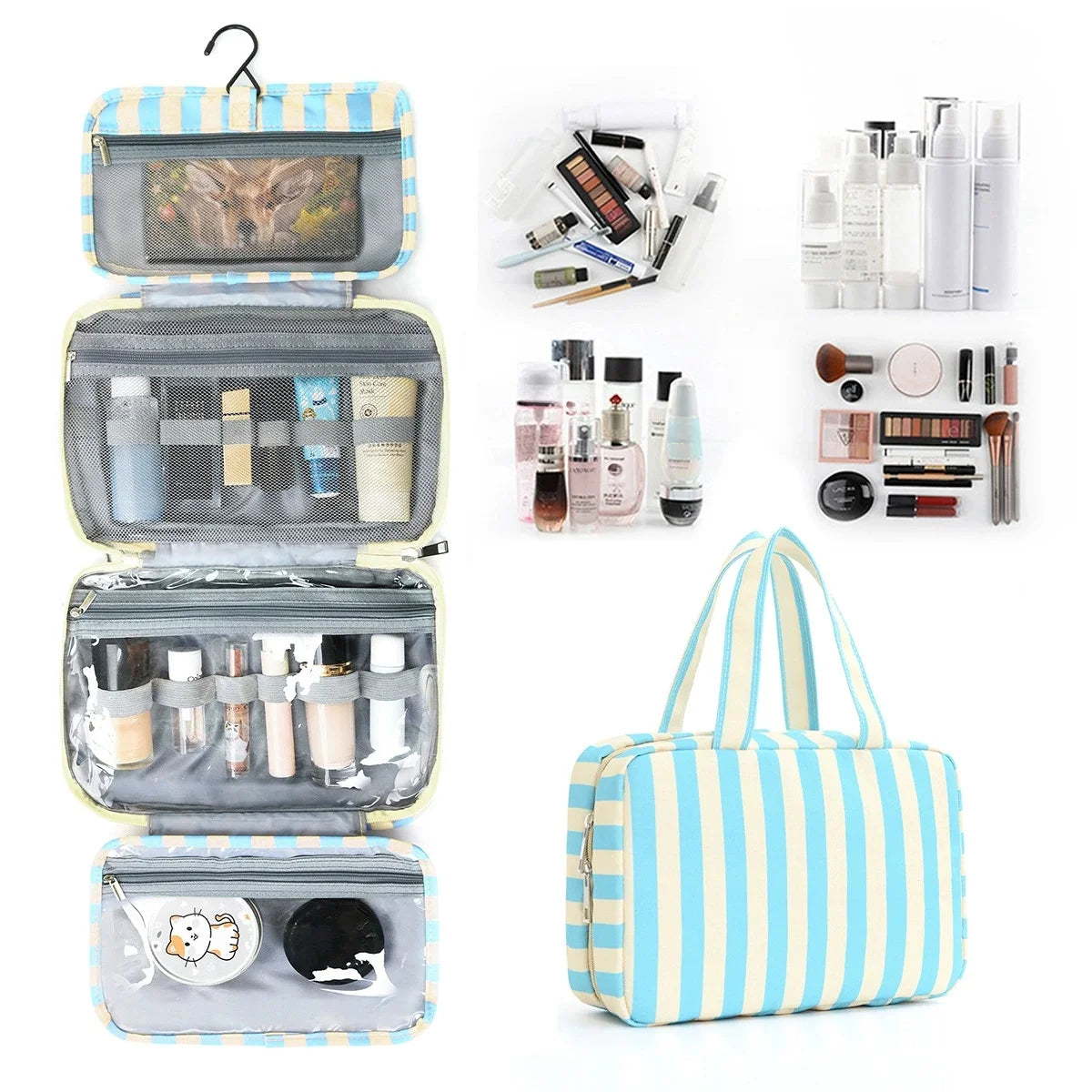 Large Striped Travel Toiletry Bag with Hook – Foldable Unisex