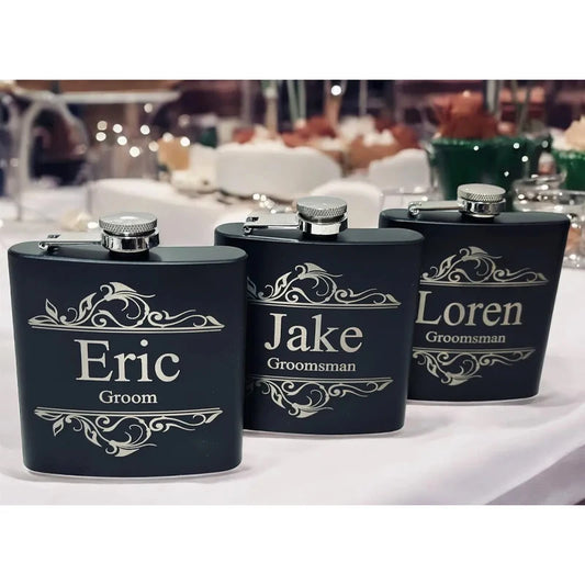 Personalized Engraved Black Flask | Groomsman Wedding Gift Engraved Flask Gift Peaceful Pleasures Health and Wellness
