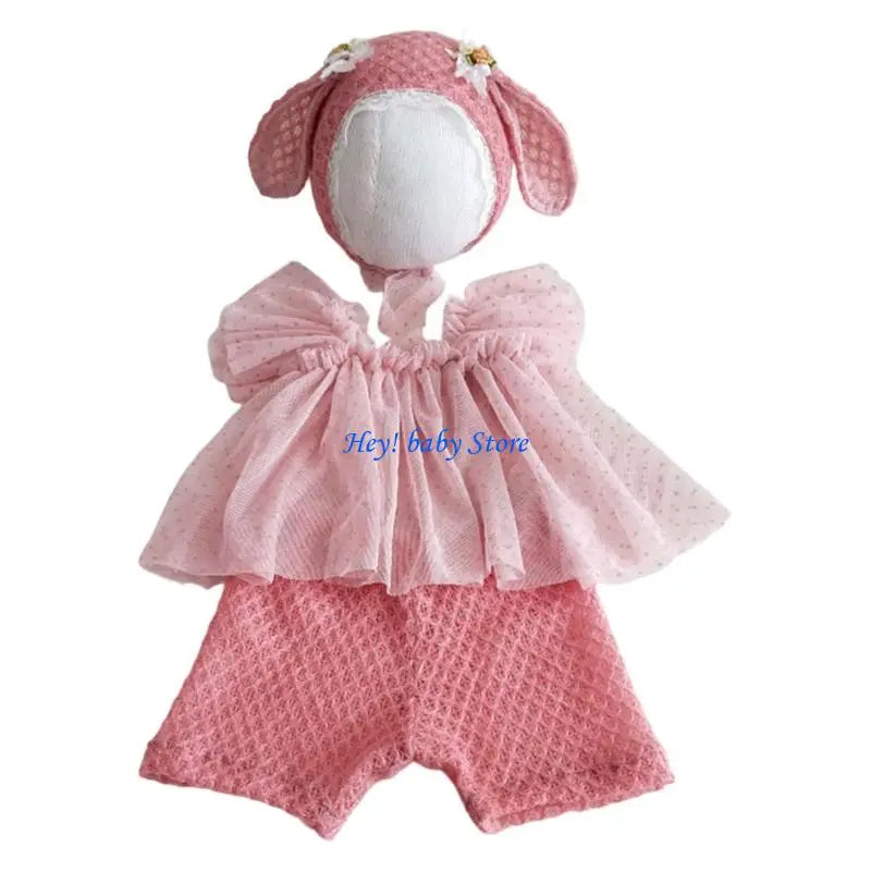 Newborn Photo Outfit | Lace Tulle Dress & Animal Ear Hat Set