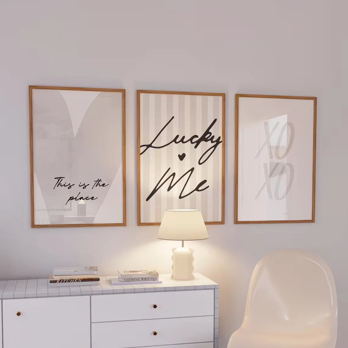 3-Piece Beige Pinstripe Neutral Canvas Wall Art Set | Home Decor