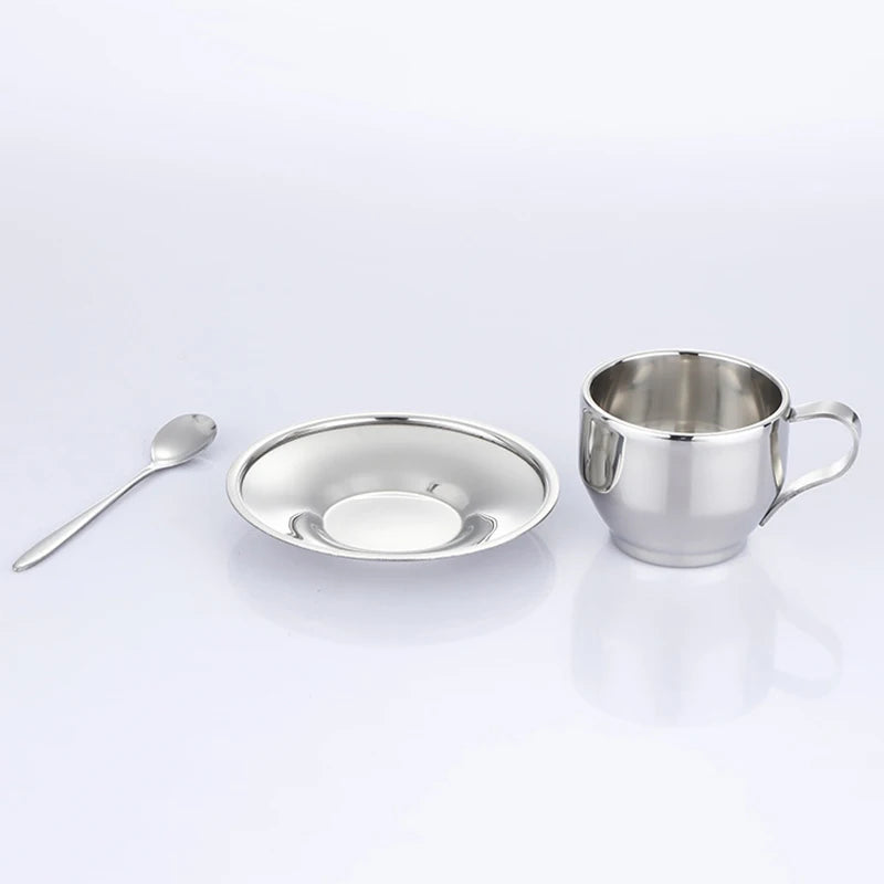 Double Wall Stainless Steel Coffee Cup Set with Saucer & Spoon Coffee Cup Set Peaceful Pleasures Health and Wellness