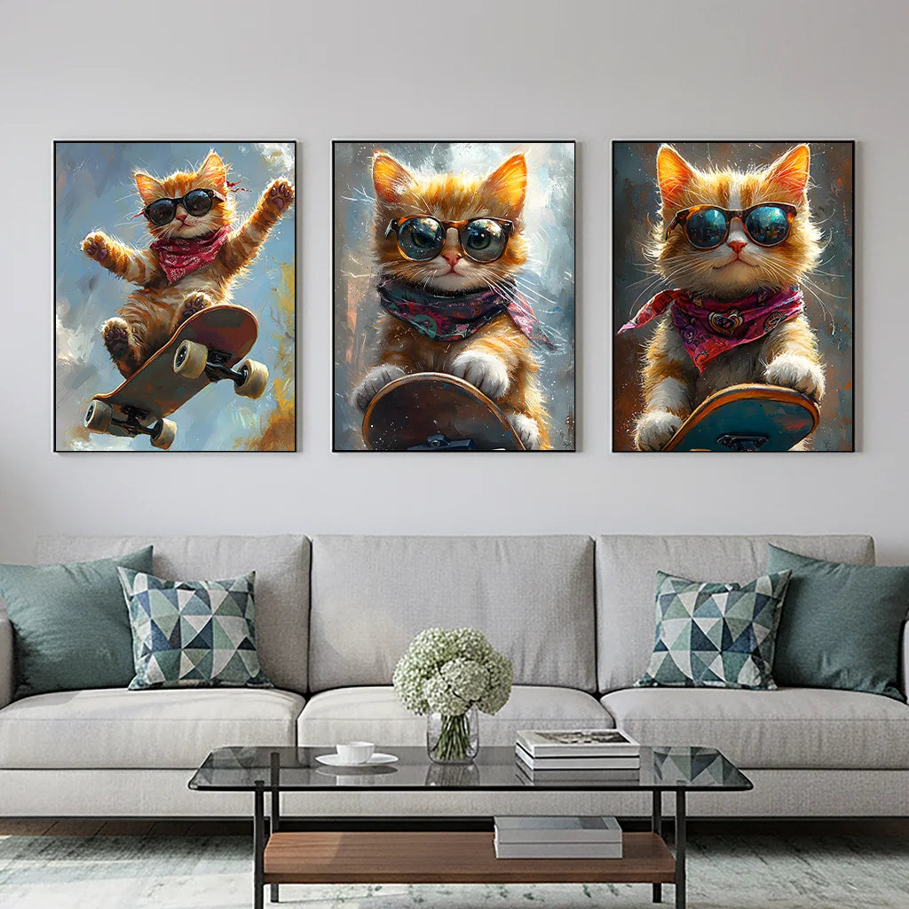 Animal Wall Art, Nordic Cool Skateboard Cat Street Style Canvas Painting, Trendy Poster Print for Bedroom Living Room Wall Decor Peaceful Pleasures Health and Wellness