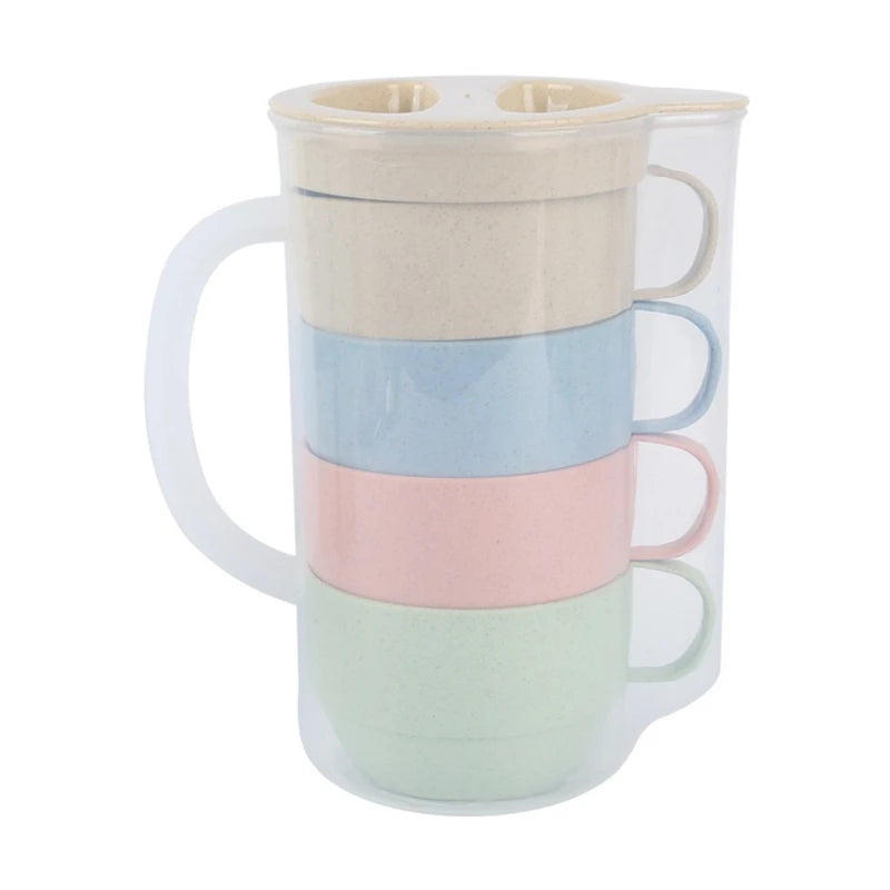 5-Piece Wheat Straw Portable Drinking Cup & Kettle Set – Reusable Eco-Friendly Picnic & Camping Drinkware
