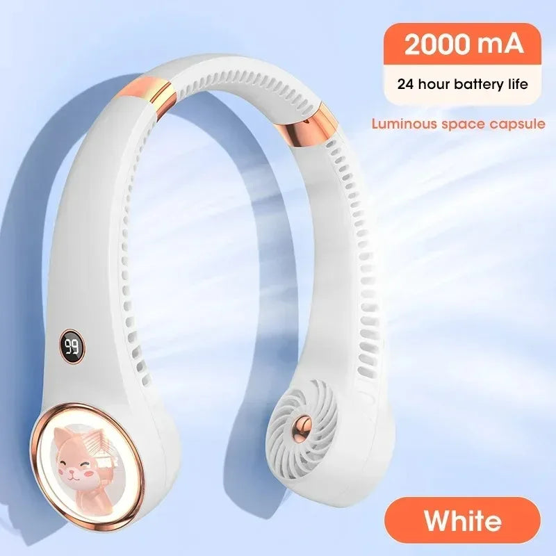 Bladeless Neck Fan Cute Cat Portable USB Rechargeable Mini with Digital Display 2000mAh Battery for Outdoor Travel Peaceful Pleasures Health and Wellness White