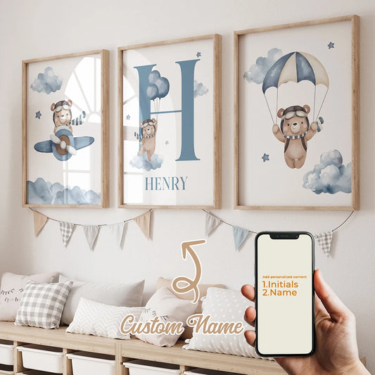 Personalized Blue Bear 3-Piece Canvas Wall Art | Kids Room Personalized Canvas Art Peaceful Pleasures Health and Wellness GA-CH302-3pcs 50x70cm Unframed