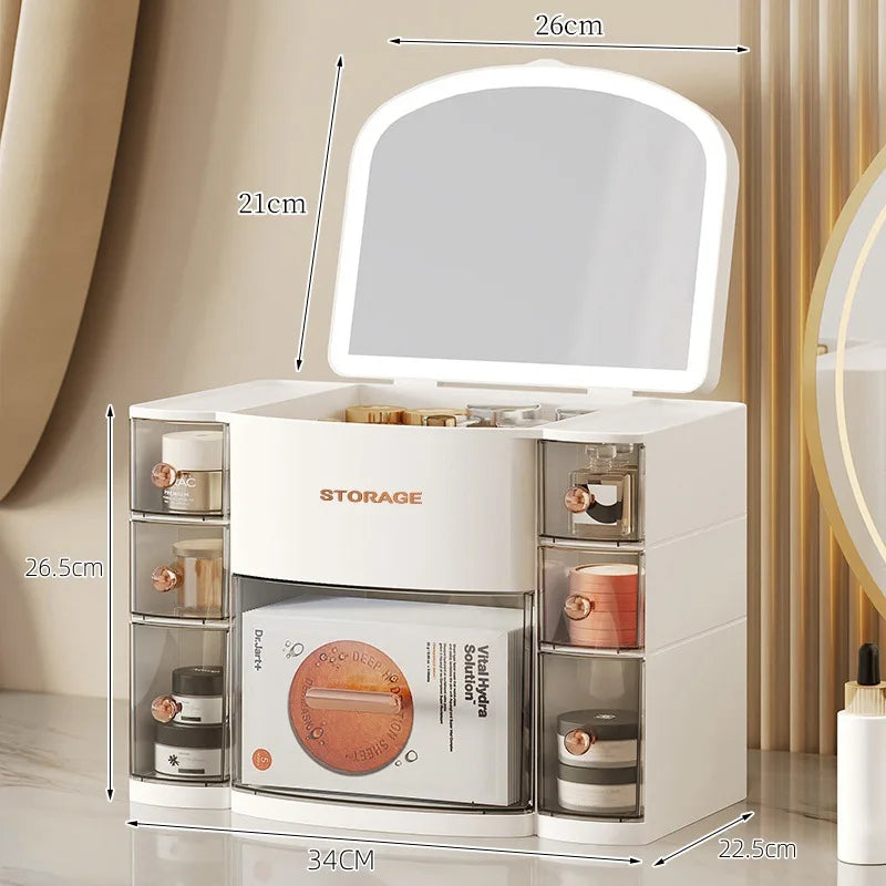 Large Capacity Cosmetic Storage Box with Mirror Dustproof Multifunctional Makeup Organizer Shelf for Vanity Table Home Use Peaceful Pleasures Health and Wellness White without Light