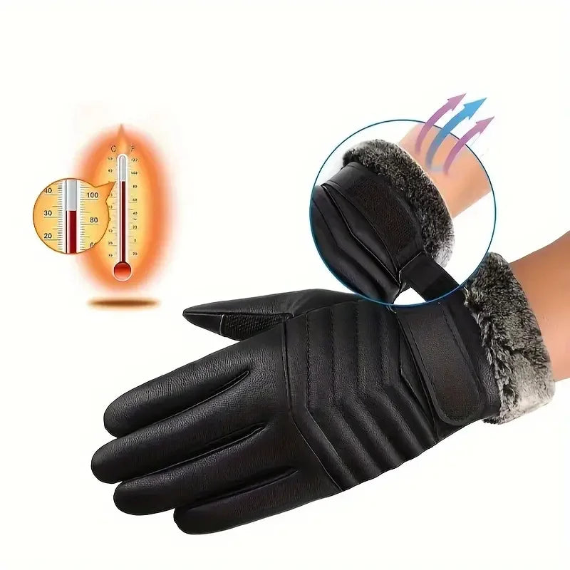 One Pair Winter Gloves - Thick,Waterproof Warm & Waterproof Faux Leather with Soft Velvet Lining for Outdoor Motorcycle Riding Peaceful Pleasures Health and Wellness