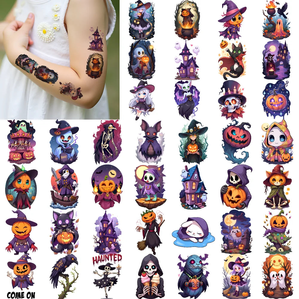 63-Piece Halloween Temporary Tattoos – Waterproof Skull & Witch