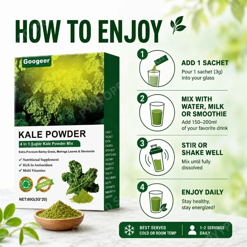 4-in-1 Super Greens Powder: Kale, Barley Grass & Moringa | 20 Sachets
