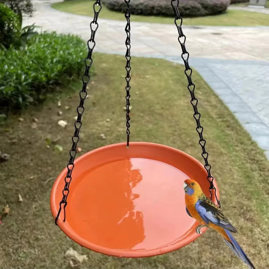 Hanging Round Bird Feeder Bath Tray with Chain | Garden Decor Hanging Bird Feeder Peaceful Pleasures Health and Wellness Orange