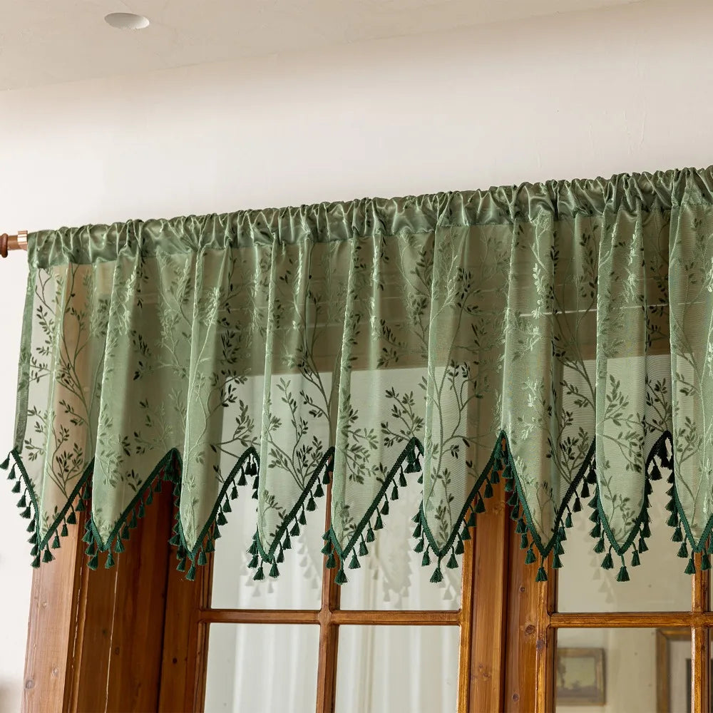 Rustic Short Tulle Window Curtain | Lace Fringe Trim