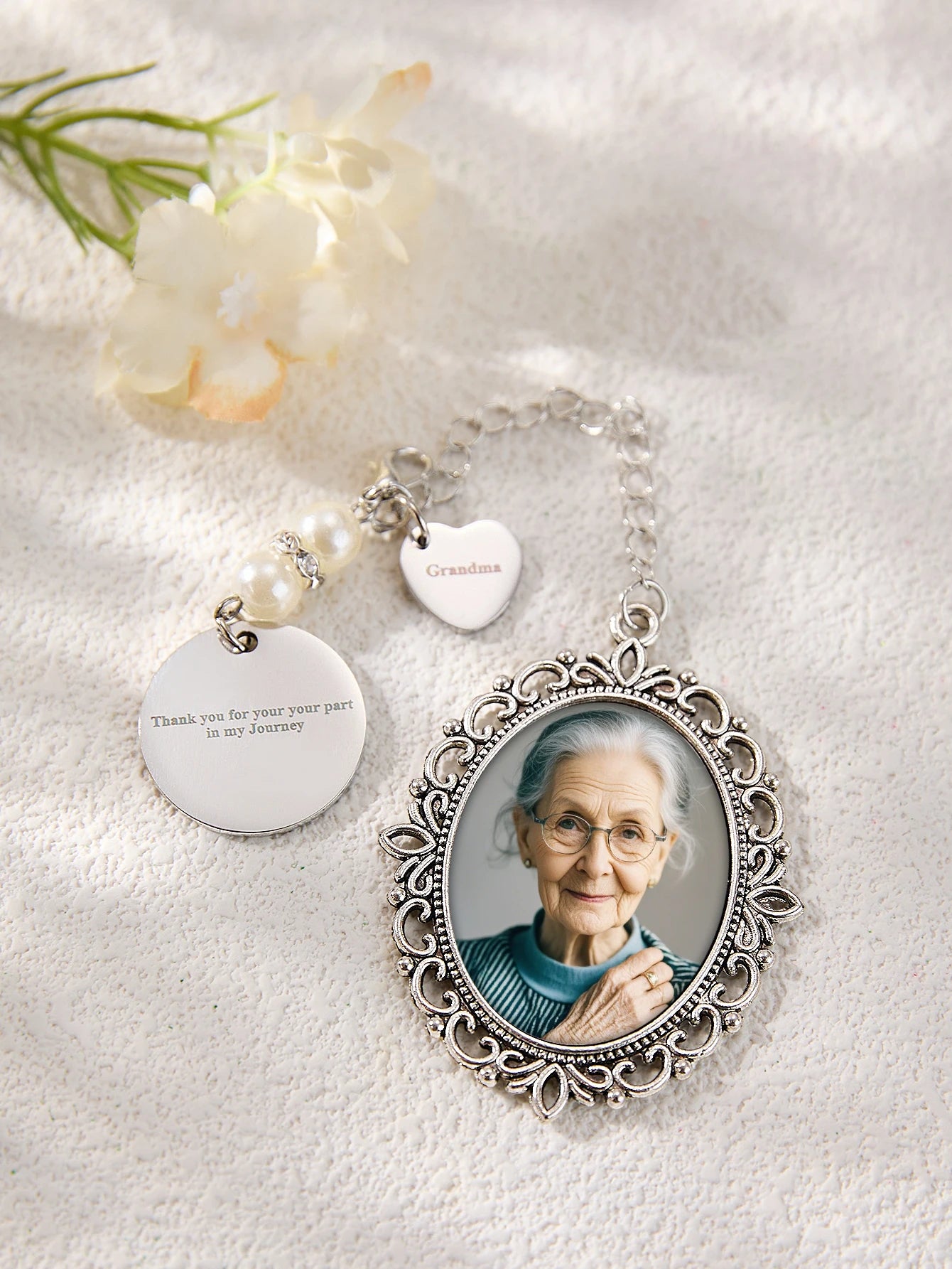 Custom Photo Bouquet Charm Personalized Picture Pendant Wedding Bridal Memorial Charm Gift for Couple Anniversary Birthday Peaceful Pleasures Health and Wellness