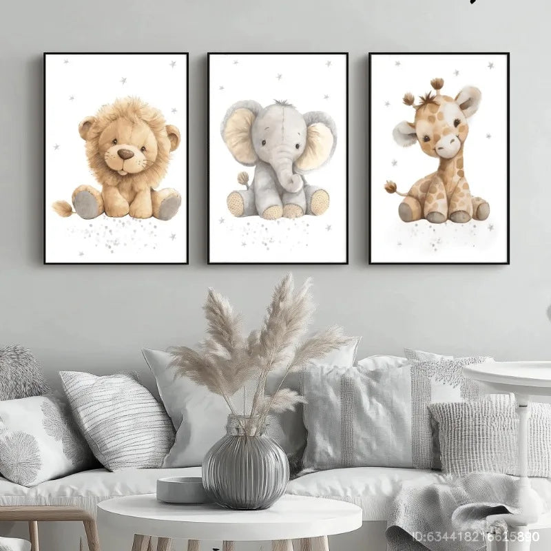 3pcs Frameless Canvas Posters, Prints Lion, Elephant, Giraffe, Stuffed Animals, Animal Cubs Pattern, Minimalist Home Wall Decor Peaceful Pleasures Health and Wellness